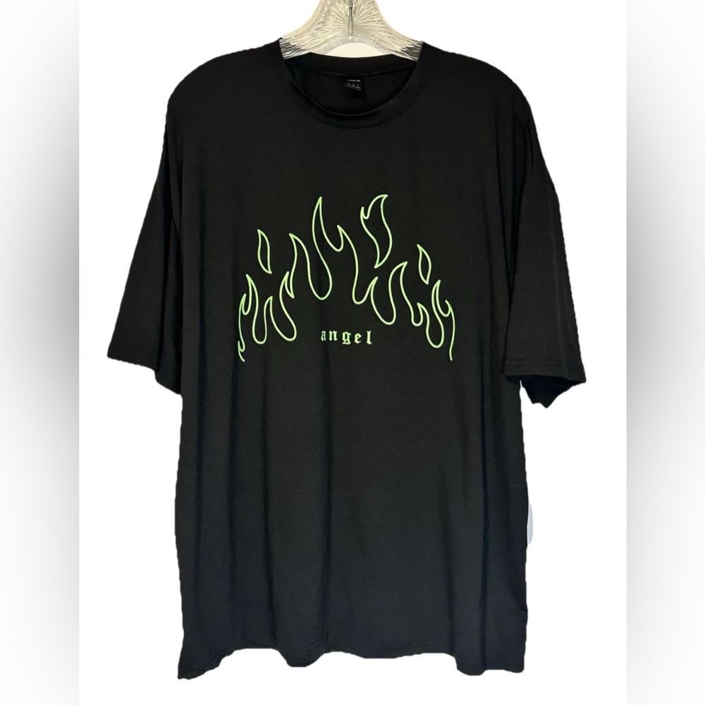 SHEIN Shirt Women’s Size Small Oversized Black Green Flame Angel Graphic Stretch